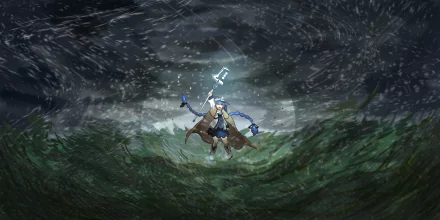 HD PC desktop wallpaper featuring Roxy Migurdia from the anime Mushoku Tensei: Jobless Reincarnation casting a powerful spell amid swirling winds and stormy skies.