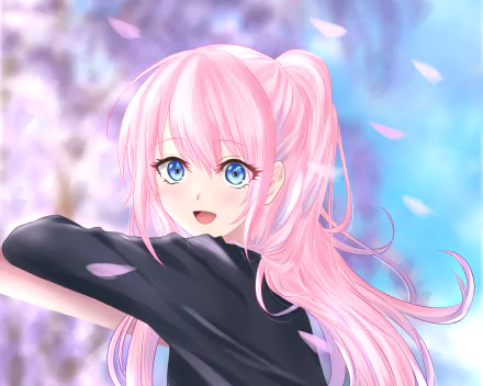 HD PC wallpaper featuring Micchon Shikimori from the anime Shikimori's Not Just a Cutie, with pink hair and bright blue eyes against a soft blue and cherry blossom background.