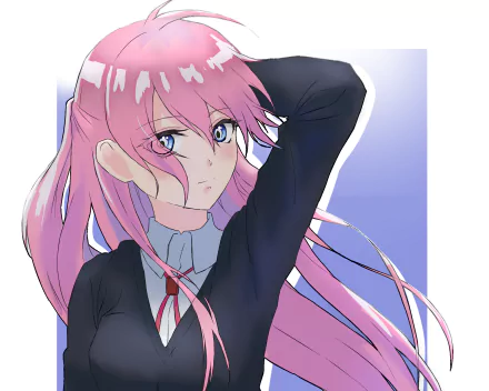 Micchon Shikimori from Shikimori's Not Just a Cutie — HD PC wallpaper: pink‑haired girl in school uniform, hand behind her head, blue eyes and a calm expression on a soft blue backdrop.