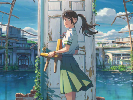 HD desktop wallpaper featuring Suzume Iwato from the anime Suzume no Tojimari, standing by an old door against a scenic background with water and buildings.