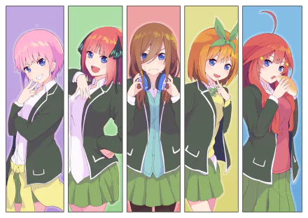 4K Ultra HD PC desktop wallpaper of The Quintessential Quintuplets: the five Nakano sisters (Yotsuba, Ichika, Nino, Itsuki, Miku) in school uniforms, each framed by a pastel panel.