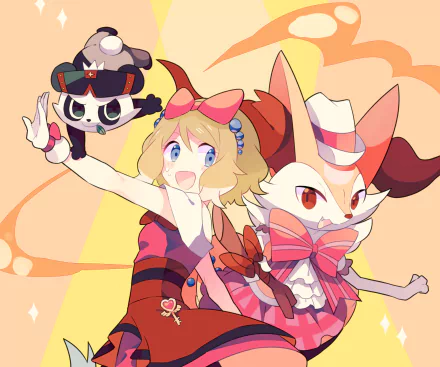 HD desktop wallpaper featuring Serena with her Braixen and Pancham from the Pokémon X and Y video game series in vibrant, dynamic anime-style artwork.