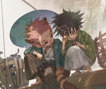 HD PC desktop wallpaper featuring Sukuna and Megumi Fushiguro from the anime Jujutsu Kaisen in a detailed, dynamic scene.