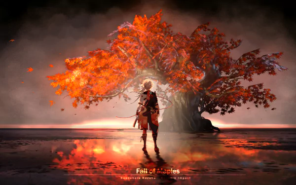 HD desktop wallpaper featuring Kaedehara Kazuha from the video game Genshin Impact, standing before a glowing, autumnal tree with vibrant orange leaves against a dramatic background.