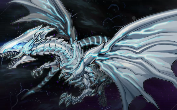 HD PC wallpaper of the Blue-Eyes White Dragon from the video game Yu‑Gi‑Oh! Master Duel — luminous icy scales, outstretched wings and glowing eyes against a starry void