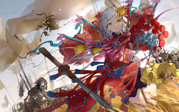 8K Ultra HD PC desktop wallpaper: an anime girl woman warrior in ornate red armor and ribbons, wielding a spear amid swirling battle and dramatic painterly strokes.