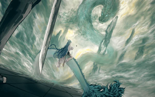 4K Ultra HD PC wallpaper featuring Ling from Arknights facing a massive, serpentine dragon in a dramatic, stormy sky scene from the video game Arknights.