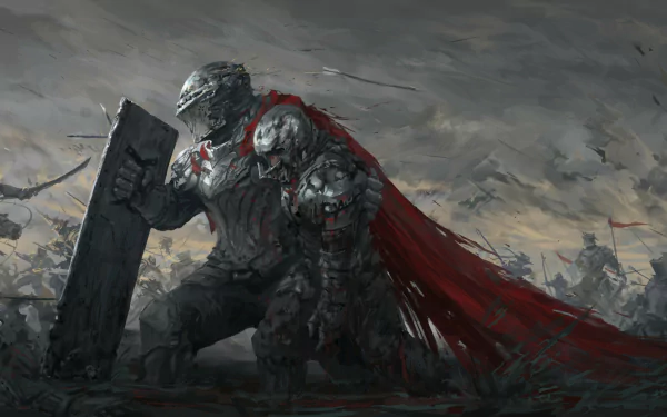 HD fantasy desktop wallpaper depicting a battle-worn knight in dark armor with a red cape, holding a large shield against a stormy, chaotic battlefield backdrop.