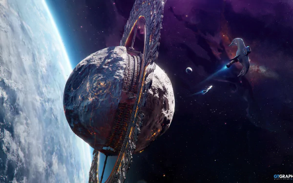 Sci-fi HD PC desktop wallpaper of a colossal ringed space structure orbiting a cracked planet, a lone spacecraft passing nearby against a purple nebula and starfield backdrop.
