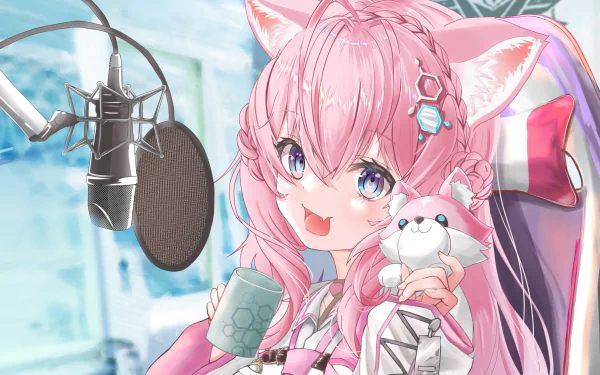 hololive Virtual Youtuber Hakui Koyori (anime) in 2K Quad HD PC desktop wallpaper: pink-haired, cat-eared streamer smiling into a microphone, holding a plush.