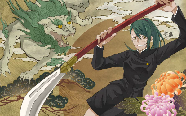 HD PC desktop wallpaper featuring Maki Zenin from Jujutsu Kaisen wielding a polearm against a traditional dragon backdrop with floral accents.
