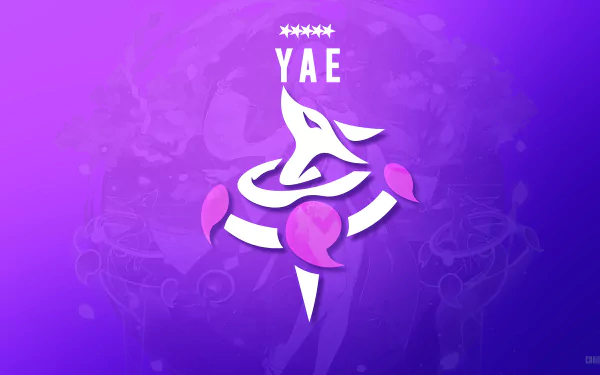 8K Ultra HD PC wallpaper featuring the Yae Miko Guuji logo from the video game Genshin Impact on a vibrant purple background.