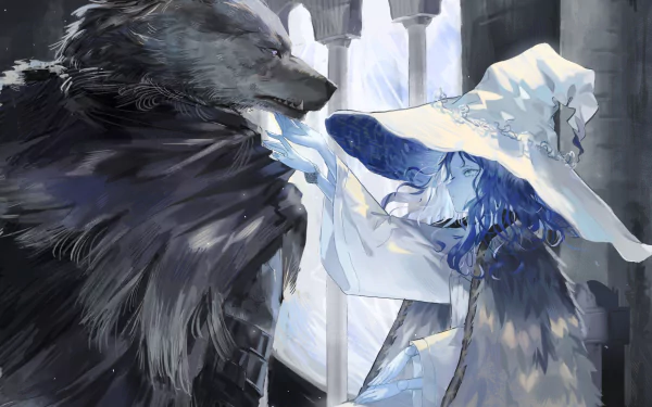 HD desktop wallpaper featuring Ranni the Witch and Blaidd the Half-Wolf from the video game Elden Ring in a detailed, atmospheric setting.