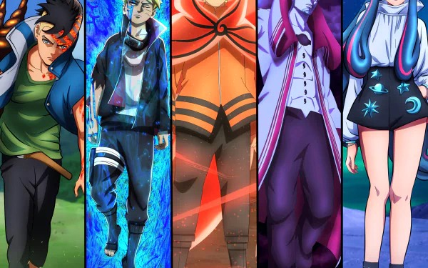 HD PC desktop wallpaper featuring Isshiki Otsutsuki, Kawaki, Borushiki, Boruto Uzumaki, and Naruto Uzumaki in Baryon Mode from the Boruto anime series.