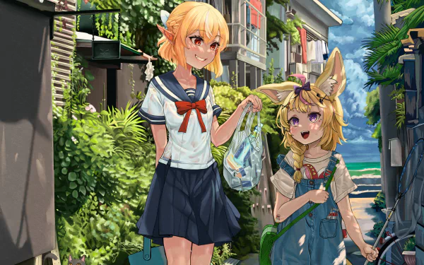 hololive Shiranui Flare Omaru Polka Anime Virtual Youtuber HD Desktop Wallpaper | Background Image