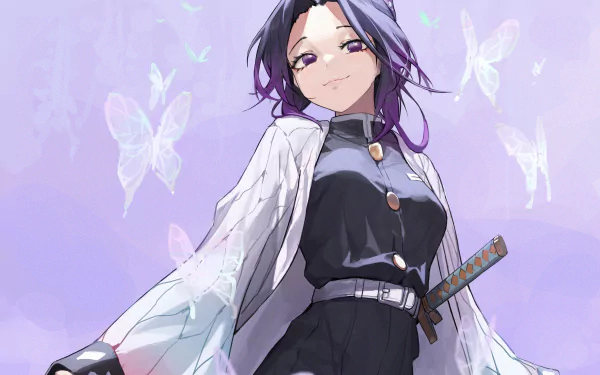 A vibrant HD wallpaper featuring Shinobu Kochou from the anime Demon Slayer: Kimetsu no Yaiba, surrounded by ethereal butterflies and a soft purple background.