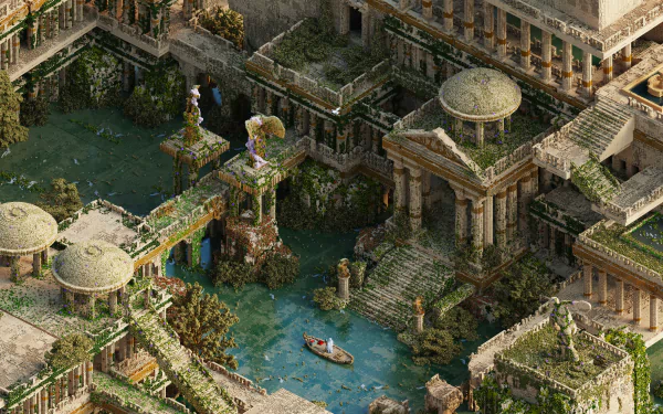 4K Ultra HD fantasy cityscape featuring ancient ruins with overgrown vegetation and waterways, captured in rich detail for a striking PC desktop wallpaper.