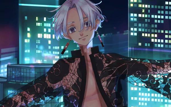 HD anime desktop wallpaper featuring Izana Kurokawa from Tokyo Revengers, with glowing cityscape lights in the background.