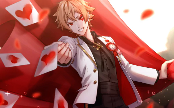 HD PC desktop wallpaper featuring Ace Trappola from the video game Twisted Wonderland, confidently smirking with playing cards and a red cape in the background.