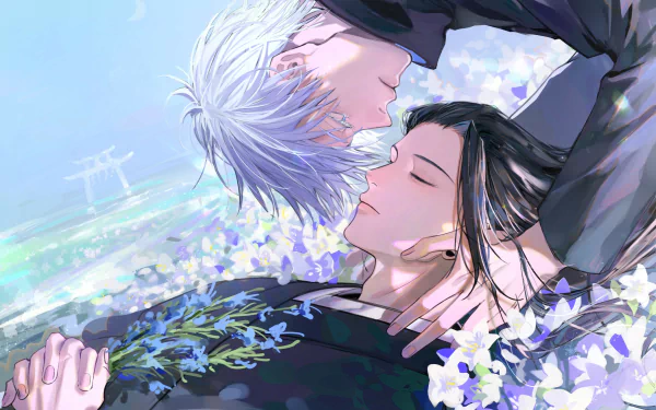 4K Ultra HD wallpaper featuring anime characters Suguru Geto and Satoru Gojo from Jujutsu Kaisen in a serene, close moment surrounded by flowers.