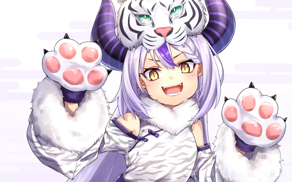 Hololive Virtual YouTuber La+ Darknesss — anime 2K Quad HD PC desktop wallpaper: purple-haired girl in white tiger hood, paw gloves and a playful fang-smile.