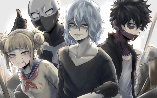 HD PC desktop wallpaper featuring Himiko Toga, Dabi, and Tomura Shigaraki from the anime My Hero Academia, showcasing the characters in a dramatic, detailed style.