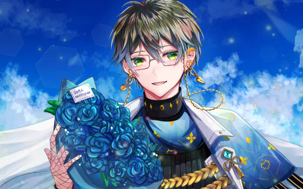 Ike Eveland (Nijisanji) anime-style Virtual YouTuber portrait holding a bouquet of blue roses against a starry blue sky — 4K Ultra HD PC desktop wallpaper/background