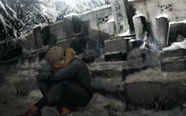 Yuji Itadori from Jujutsu Kaisen sits alone in a snowy graveyard, captured in an 8K Ultra HD anime wallpaper with a somber, reflective atmosphere.