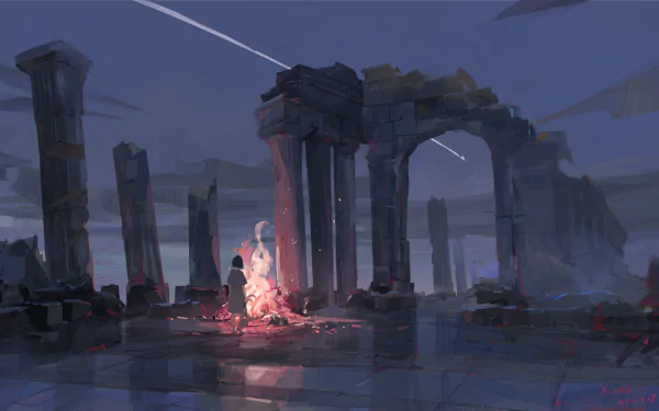 evening Anime building HD Desktop Wallpaper | Background Image