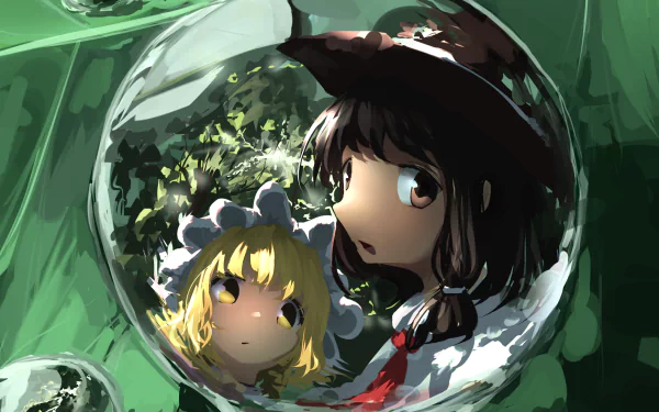 HD PC desktop wallpaper: Touhou anime depiction of Renko Usami and Maribel Hearn, their faces reflected in a glossy green bubble against a lush, painterly background.