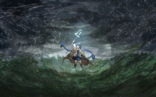 HD PC desktop wallpaper featuring Roxy Migurdia from the anime Mushoku Tensei: Jobless Reincarnation casting a powerful spell amid swirling winds and stormy skies.