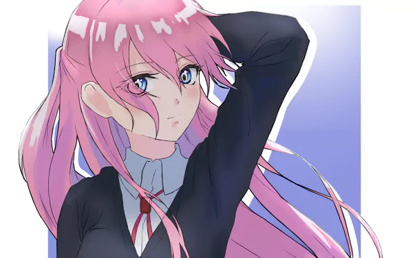 Micchon Shikimori from Shikimori's Not Just a Cutie — HD PC wallpaper: pink‑haired girl in school uniform, hand behind her head, blue eyes and a calm expression on a soft blue backdrop.