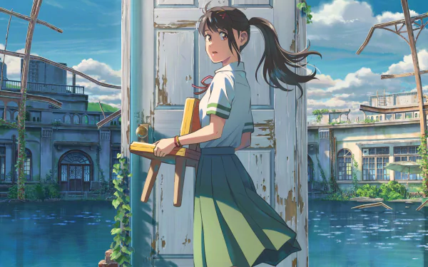 HD desktop wallpaper featuring Suzume Iwato from the anime Suzume no Tojimari, standing by an old door against a scenic background with water and buildings.