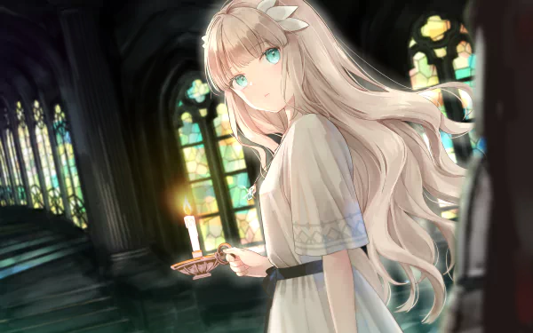 Lily (Ender Lilies) from the video game ENDER LILIES: Quietus of the Knights — 4K Ultra HD PC wallpaper of her with long blonde hair and green eyes holding a candle in a dim stained-glass cathedral.