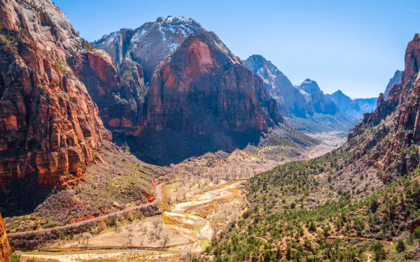 Zion National Park valley with towering red sandstone cliffs, a winding river and green brush beneath a clear blue sky — 5K Ultra HD PC desktop wallpaper.