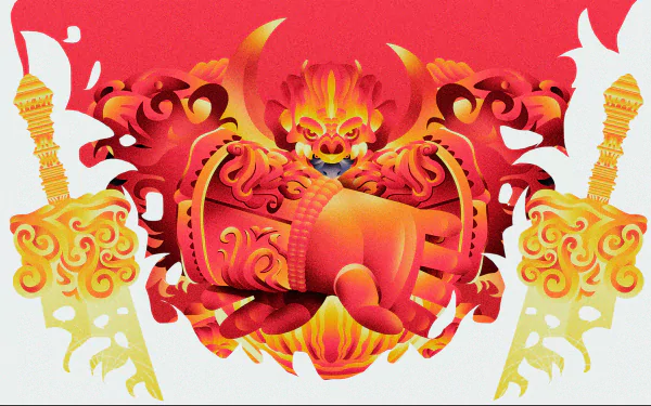 Bold red-and-gold emblem of Starscourge Radahn from Elden Ring: stylized armored figure with massive gauntlet, ornate twin swords and flame motifs — HD PC desktop wallpaper