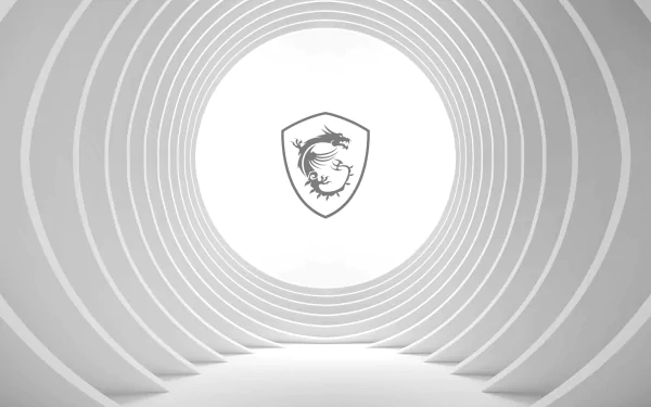 4K Ultra HD PC desktop wallpaper featuring a futuristic, white tunnel design with the MSI dragon shield logo at the center, symbolizing advanced technology.