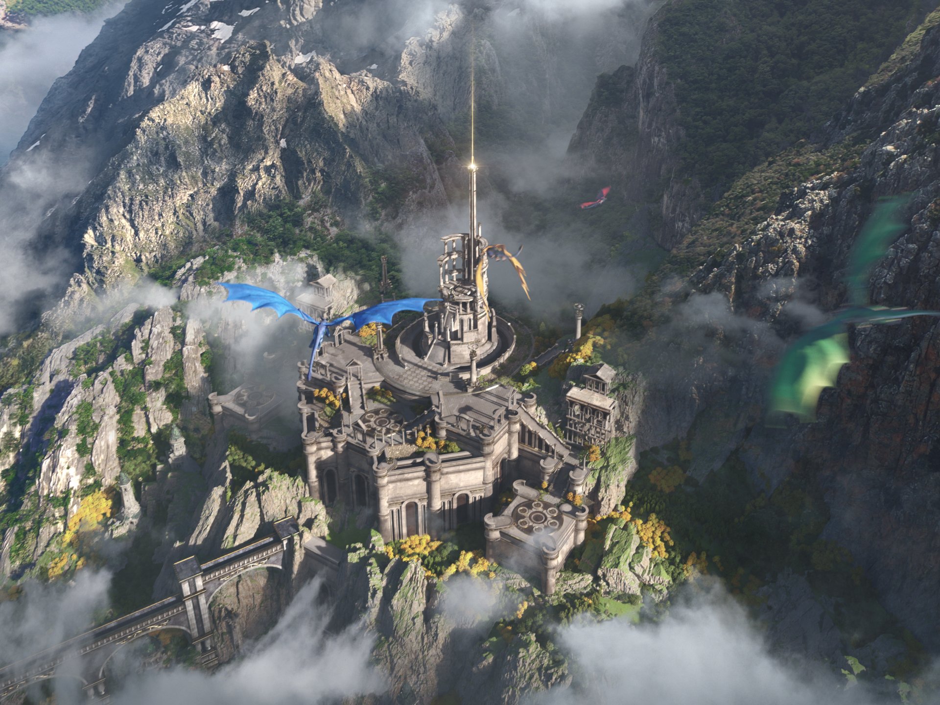 A detailed HD PC desktop wallpaper featuring a majestic fortress surrounded by mountains and mist, inspired by World of Warcraft: Dragonflight video game.