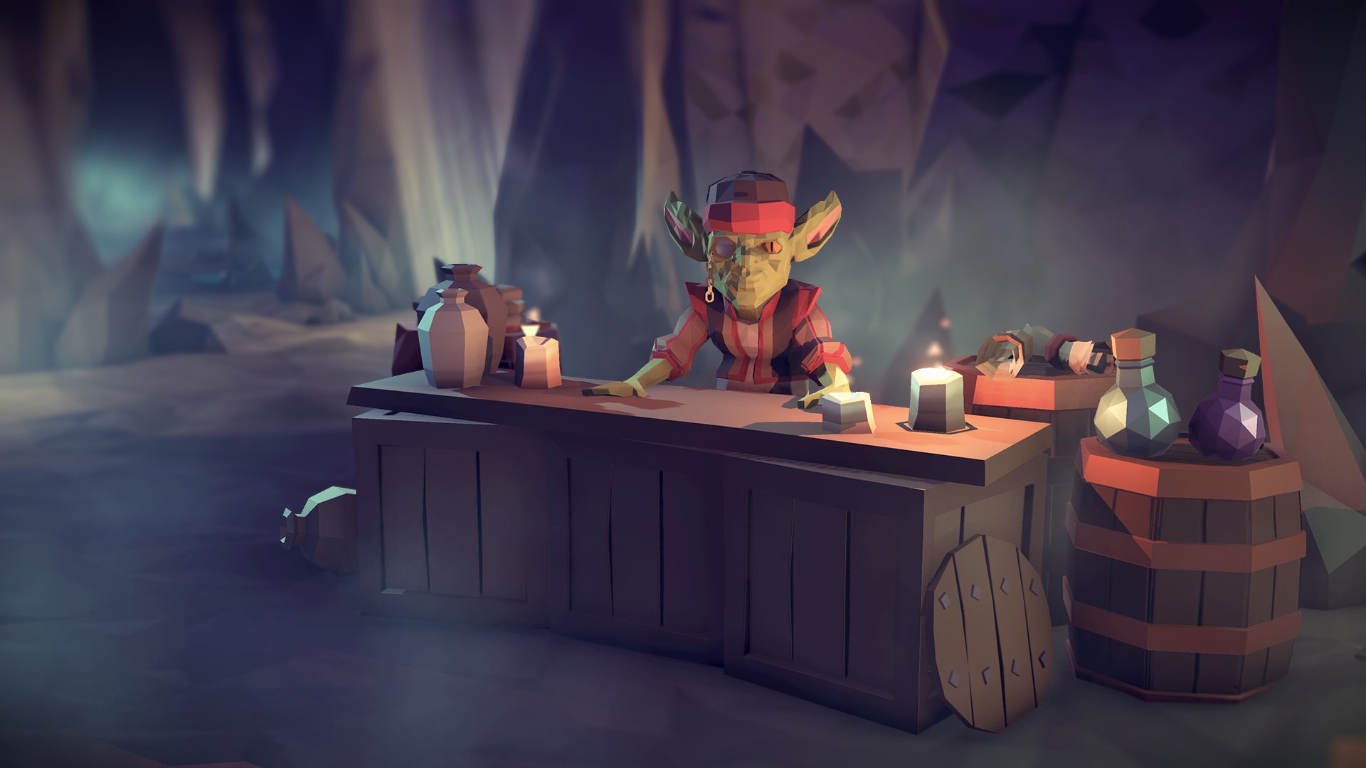 Fantasy goblin merchant at a stall with potions and candles, For The King HD desktop wallpaper and background.