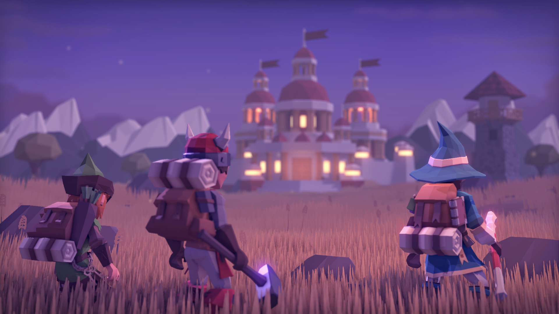 HD desktop wallpaper of For The King game, featuring characters looking towards a distant castle at dusk.