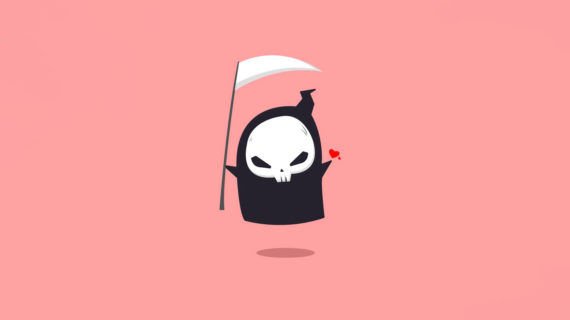 Minimalist dark grim reaper with a skull face and scythe, holding a small red heart, set against a soft pink background. 4K Ultra HD PC desktop wallpaper.