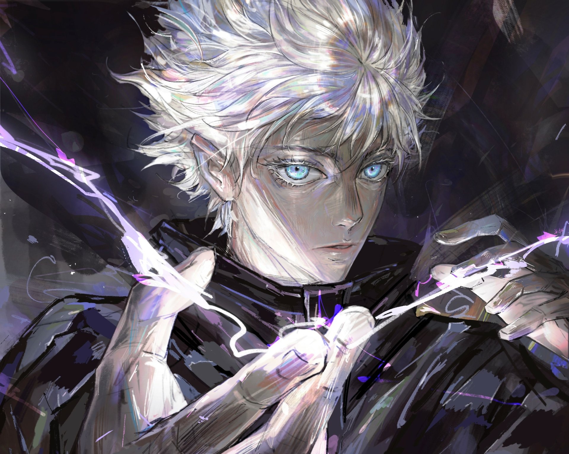 HD anime wallpaper of Satoru Gojo from Jujutsu Kaisen, featuring his intense blue eyes and dynamic lightning effects in a dark, detailed background.