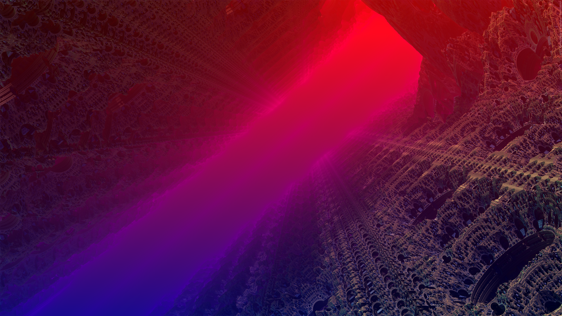 Abstract tunnel with intricate textured walls illuminated by vibrant red and purple lighting, rendered in 4K Ultra HD for a striking PC desktop wallpaper.
