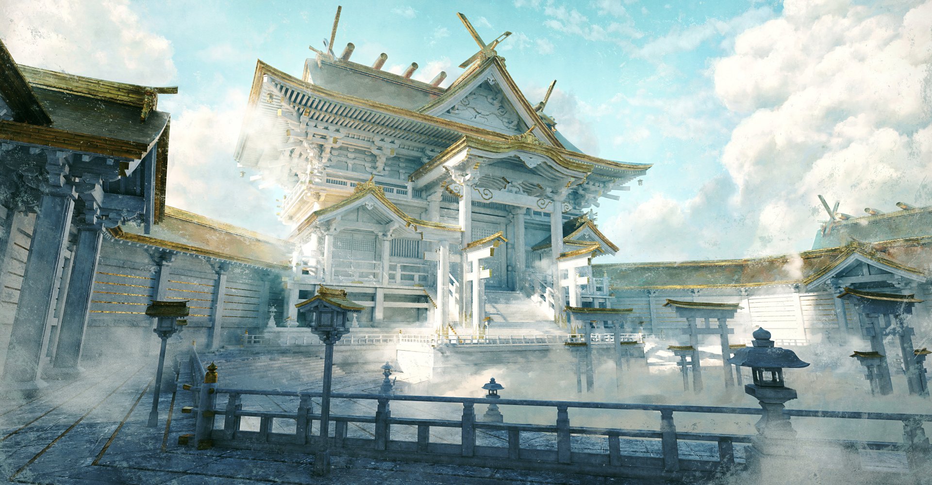 4K Ultra HD desktop wallpaper featuring a majestic religious temple surrounded by mist under a bright, partly cloudy sky.