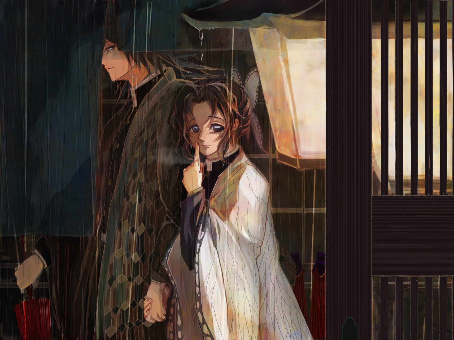 Anime-style 4K Ultra HD wallpaper of Shinobu Kochou and Giyuu Tomioka from Demon Slayer: Kimetsu no Yaiba, featuring the GiyuShino pairing in a dimly lit scene.