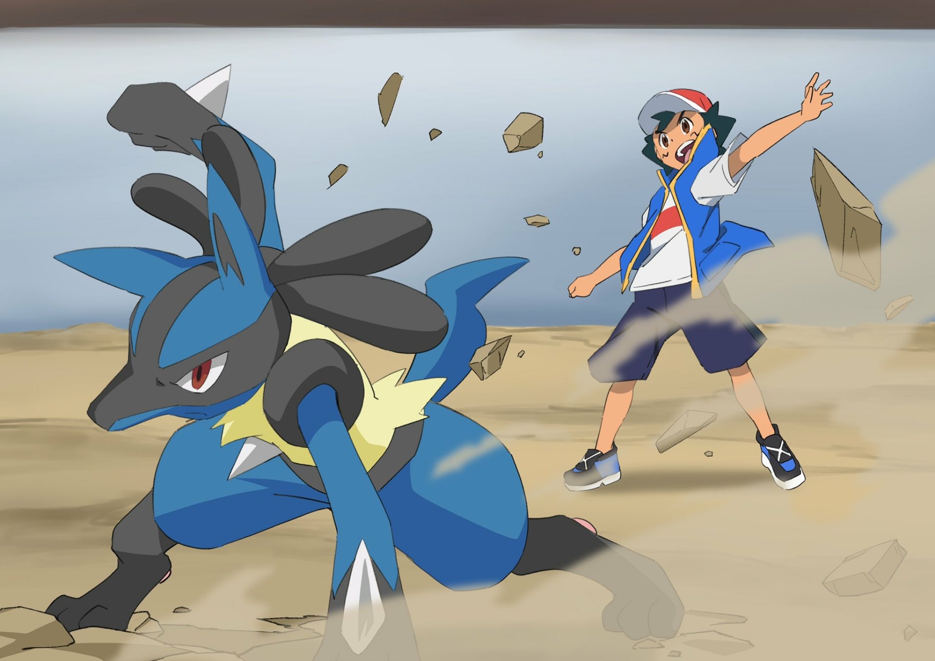 HD anime-style desktop wallpaper featuring Ash Ketchum summoning his Lucario amid flying rocks, showcasing dynamic action from the Pokémon series.