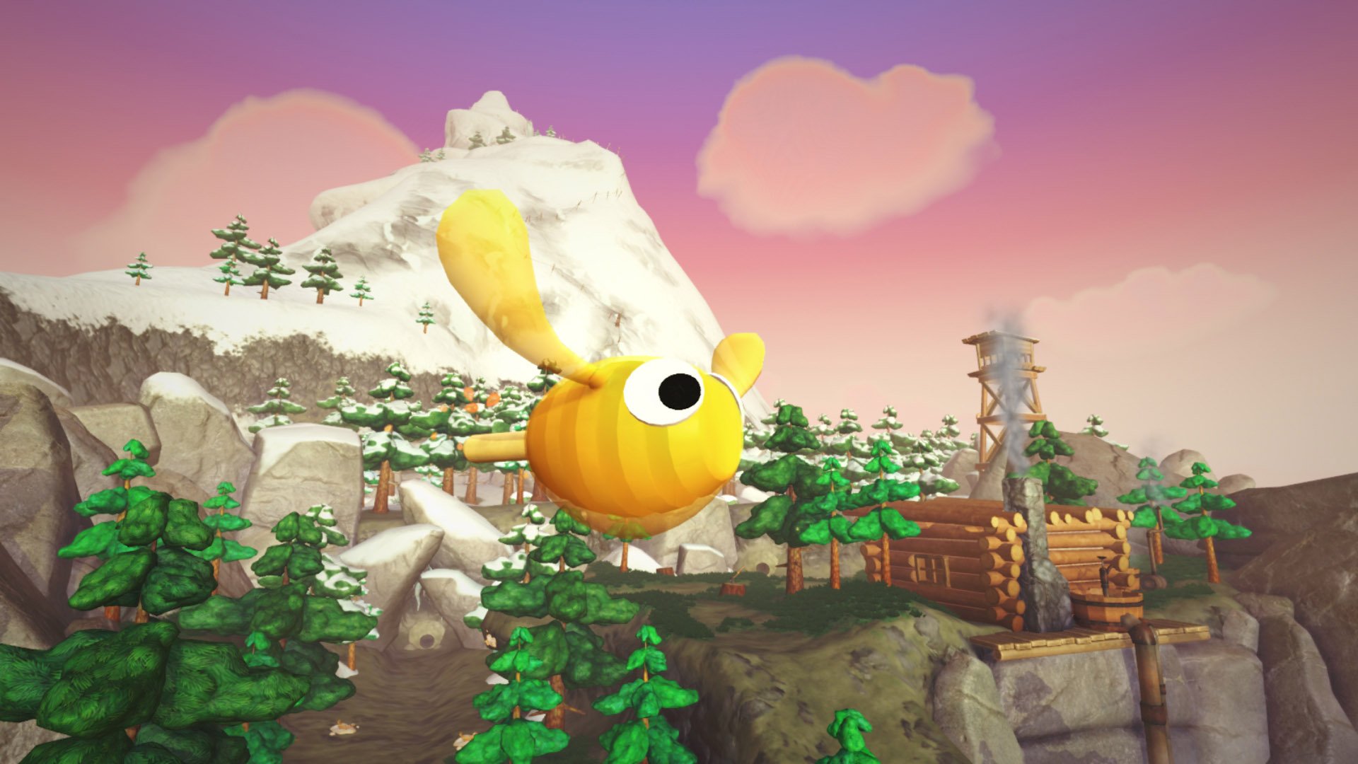 HD PC desktop wallpaper from the video game Bugsnax: a giant yellow flying Bugsnax hovers above pine trees, a snowy mountain and heart-shaped pink clouds over a wooden outpost.