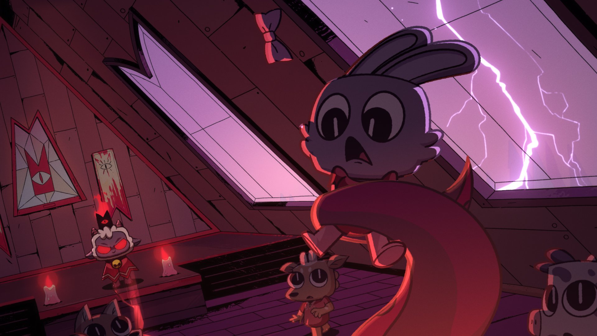 HD PC desktop wallpaper from the video game Cult of the Lamb, featuring a dark, eerie room with animated characters and a stormy sky visible through a broken window.