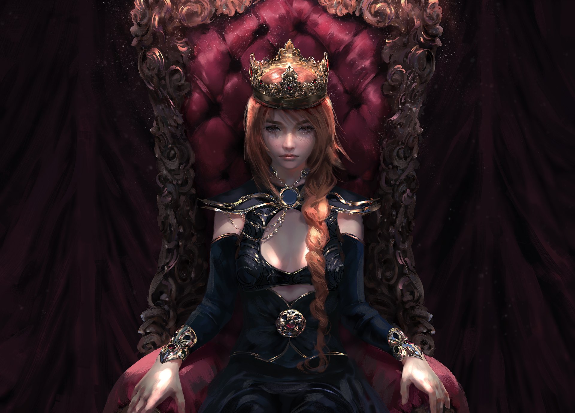 HD wallpaper of a fantasy woman with red hair in a braid, wearing a crown and dark attire, sitting on an ornate throne.