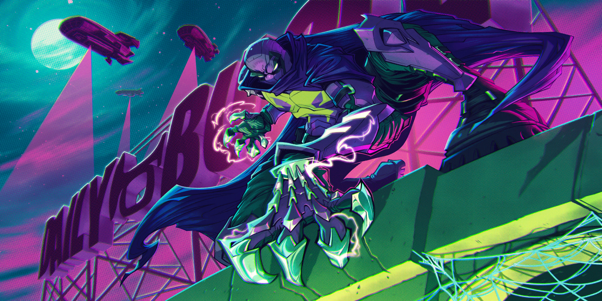 Prowler (Marvel) crouched on a neon rooftop in a Fortnite loading screen—HD PC desktop wallpaper for the video game Fortnite, purple-green palette, razor claws and futuristic skyline.